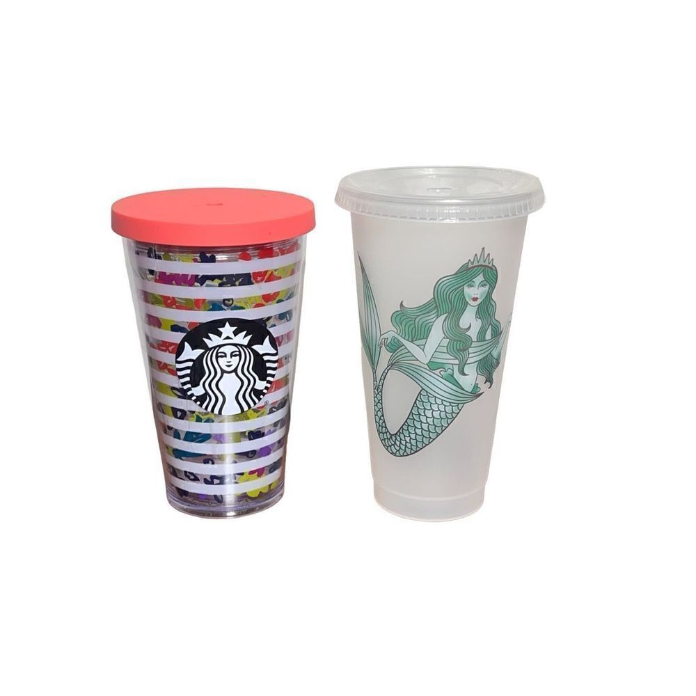 Starbucks Floral Stripe and Mermaid Travel Mug Tumbler Lot